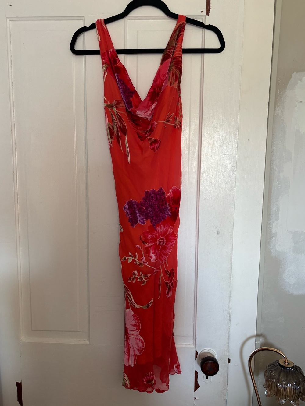 Vintage Cache Silk Beaded and Burnout Velvet Slip Cowl Neck Midi Dress